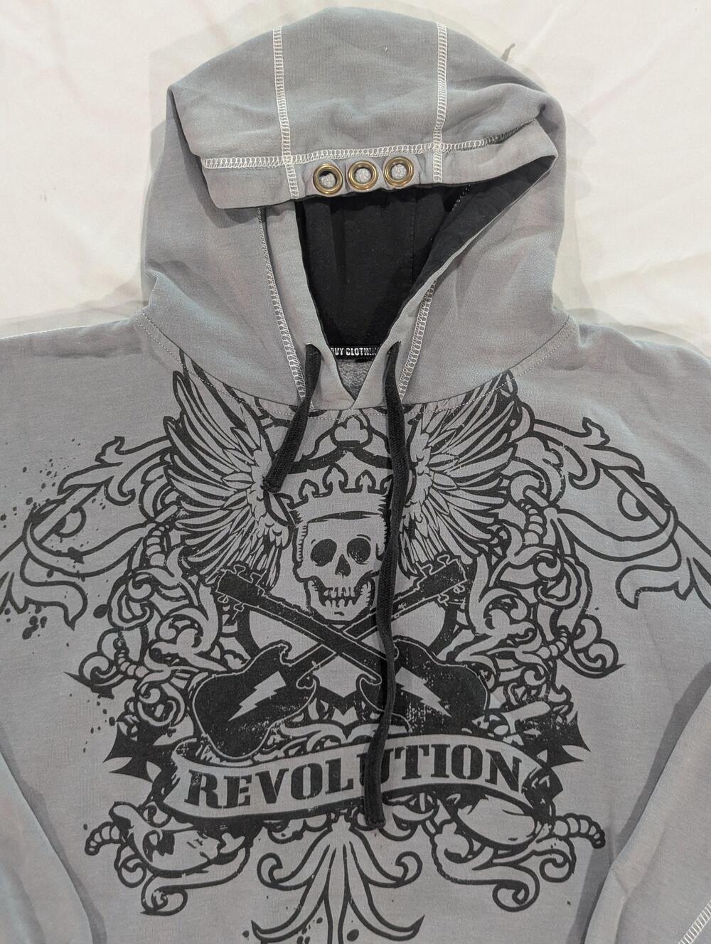 Revolution Hoodie Mens XL Gray Skull Guitar Wings Graphic Pullover Rock Music